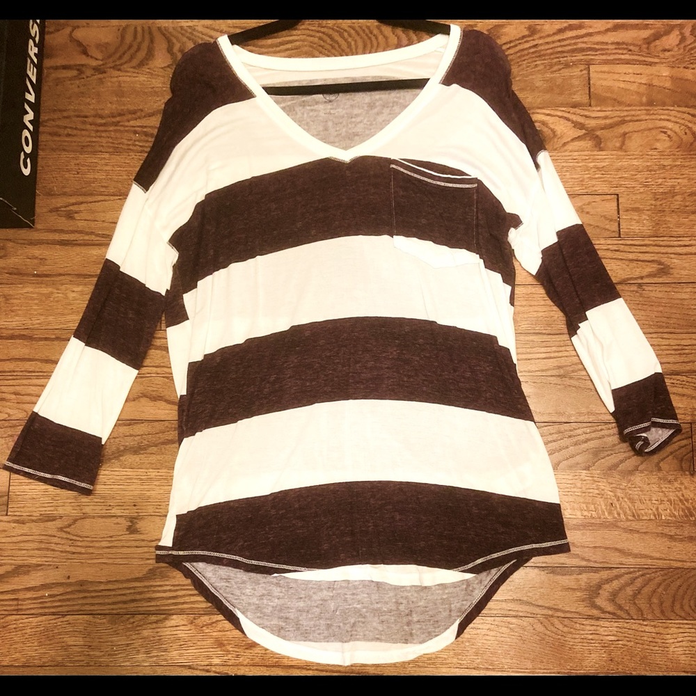 SO burgundy and white striped 3/4 sleeve shirt